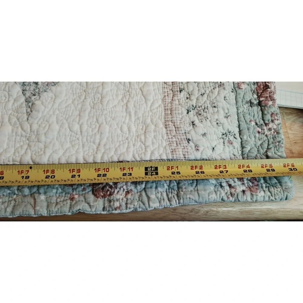 Vintage Quilted Floral Pillow Sham Cream Pink Green Cottagecore  2pc shabby Chic